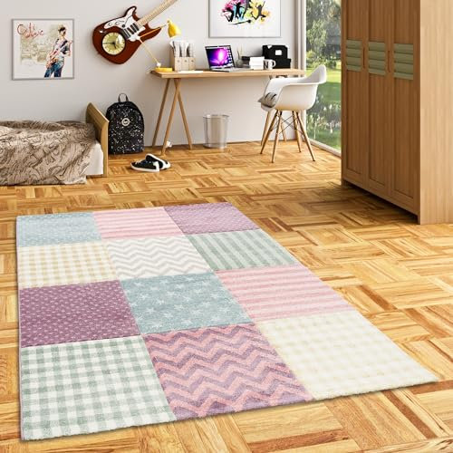 Pergamon Kinderteppich Maui Kids Pastell Bunt - Weicher Teppich mit Karo & Sternen Muster für Kinderzimmer, Spielzimmer & Babyzimmer