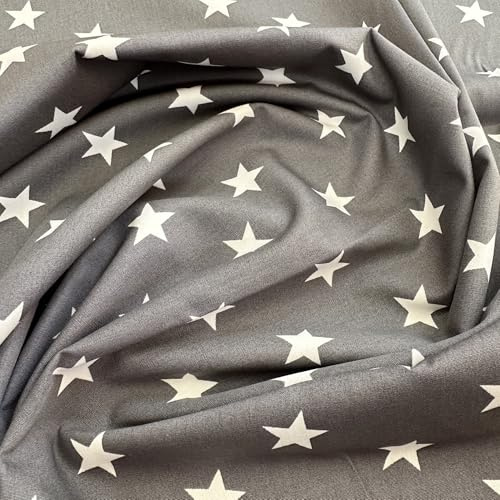 Dark Grey & White Star Print Fabric - 100% Cotton Craft Fabric Material Metre