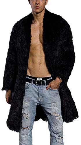 DianShaoA Pelzmantel Herren Kunstpelz Felljacke Lange Jacke Faux Fur Warm Parka Mantel Cardigan Schwarz 2XL