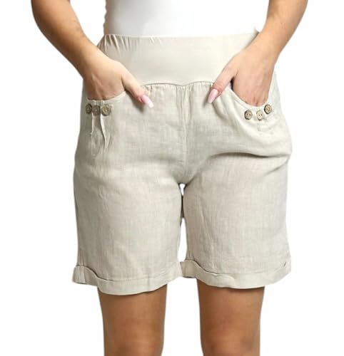 Mississhop 293 Damen Leinenshorts Bermuda lockere Kurze Hose Freizeithose 100% Leinen Shorts mit DREI Knöpfen Sommer Strand Beige M