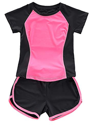 Echinodon Mädchen Sport-Set 2tlg Schnelltrockend T-Shirt + Shorts Trainingsanzug für Jogging Yoga Sommer Sportanzug Rot 140