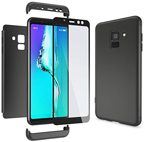NALIA 360 Grad Handyhülle kompatibel mit Samsung Galaxy A8 2018, Full-Cover & Glas vorne hinten Hülle Doppel-Schutz, Dünn Ganzkörper Case Etui Handy-Tasche, Bumper & Displayschutz, Farbe:Schwarz