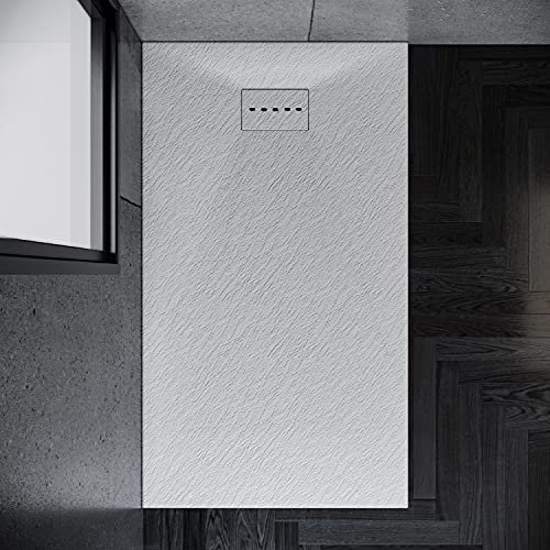 SONNI Piatto Doccia 160x90 cm, conEffetto Ardesia e Struttura Antiscivolo, Piatto Doccia Super Piatto Bianco Comprensivo di Sifone e Griglia