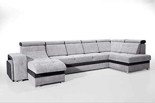 Robin Milan Ecksofa mit Schlaffunktion 2X Bettkasten 7X Kopfstützen 2X Hocker Sofa L-Form Schlafsofa Freistehende Eckcouch Schlafcouch Wohnzimmermöbel Wohnlandschaft Rechts Schwarz Grau