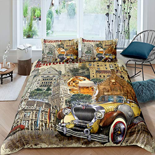 London Retro Bettwäsche-Set Western Mansion Bettwäsche Set 135x200cm Hausbau Betten Set für Kinder Jungen Mädchen Teenager 70er Auto2St.Reißverschluss Mikrofaser