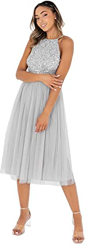 Maya Deluxe Midi para Mujer con Cuello Halter, Tul para Noche, graduación, Boda, Damas de Honor, Vestido de Baile Dama, Gris Suave, 38