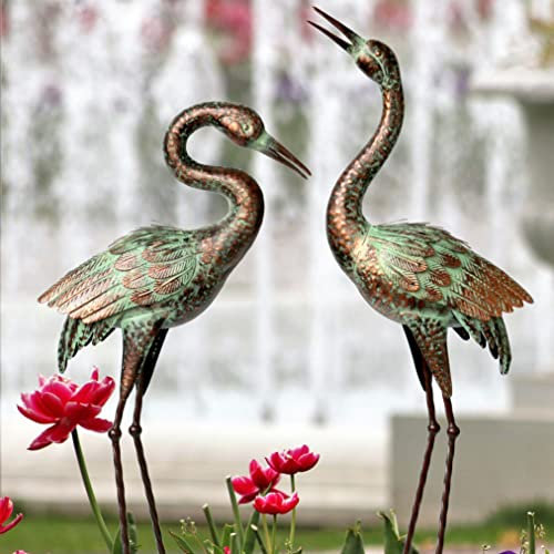 Shorayn Garten-Kranich-Statuen, Blaue Reiher-Skulpturen für den Außenbereich, Kraniche Dekor Metallvogel, Edelrost Gartenkunst Rasenornamente für Hof, Terrasse, Veranda, Außendekorationen