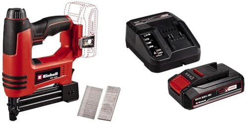 Einhell Cloueuse sans fil TE-CN 18 Li-Solo Power X-Change (li-ion, 18V, combiné agrafeuse + cloueuse, jusqu’à 20 coups par minute, incl. 300 clous et 300 agrafes) avec Chargeur et Batterie 2,5Ah
