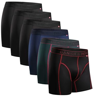 DANISH ENDURANCE Mens Boxers, Anti Chafing, Long Leg or Regular, Sports Underwear Men, Running Boxers, 6 Pack, Multicolour (3x Black, 1x Blue, Black/Red, Green), Medium