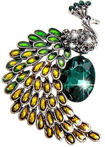 Atentuyi Broche en strass argenté - Broche en cristal vert - Pour femme et fille - Cadeau - Bijou fantaisie (paon jaune-vert)