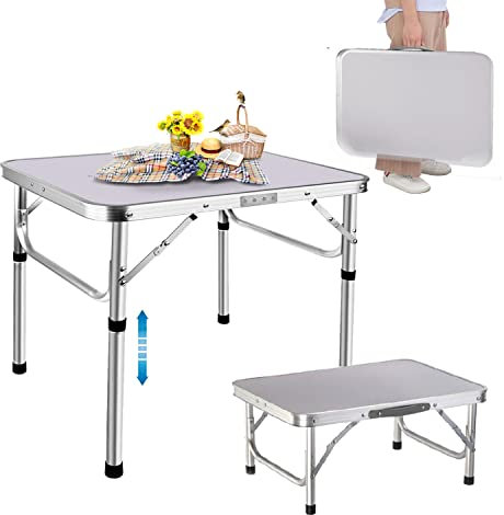 60 cm großer Klapptisch, tragbar, kleiner Camping-Picknicktisch, Garten, Outdoor, klappbarer Esstisch mit Aluminiumrahmen und verstellbarer Höhe für drinnen und draußen, 60 x 45 x 25,9 cm (L x B x H)