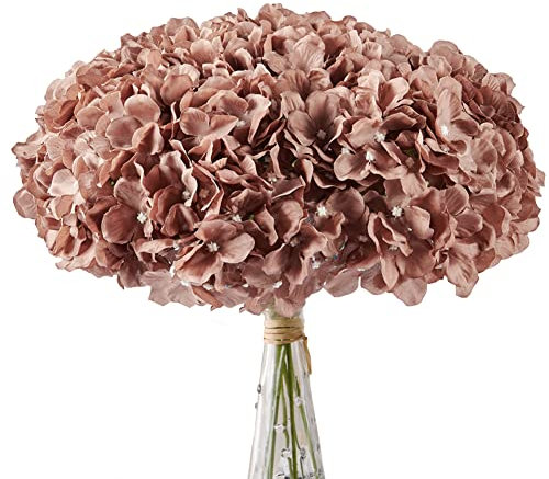 AVIVIHO Lot de 10 fleurs artificielles d'hortensia en soie avec tiges pour décoration de mariage, centres de table, fête, maison, festival (marron, taille L)