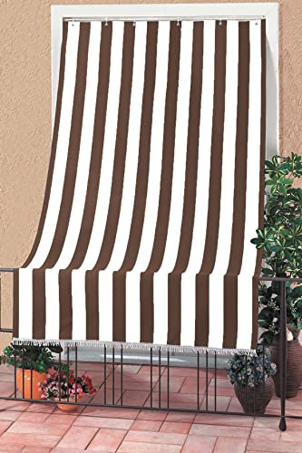 Tenda da Sole a Righe RIVERS per Balcone e Finestra Esterno, Poliestere Leggero, Filtra Luce Solare, Varie Misure e Colori, con Frange e Anelli di Plastica 145X250 CM RIGHE LARGHE MARRONI