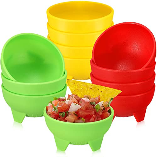 12 Pcs Salsa Bowls for Party Colorful Plastic Salsa Bowls Mexican Serving Side Dish Red Yellow Green Mexican Salsa Bowls for Fiesta Taco Bar Molcajetes Chip Guacamole Snack Nuts or Candy