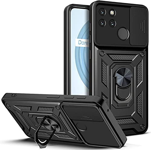 DESSEN Funda para Realme C21Y (C21-Y) / Realme C25Y, Carcasa de Silicona Suave de TPU/PC y Lente Cover, con Magnético Soporte de Anillo Giratorio, Golpes Bumper Case. Negro