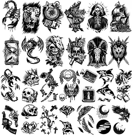 Leesgel 112 Fogli Tatuaggi Temporanei Uomo donna, Impermeabile Tatuaggi Finti Stickers con Morte Cranio Leone Scheletro, Tatuaggio Trasferelli Adulti per Corpo Braccio Petto Spalla