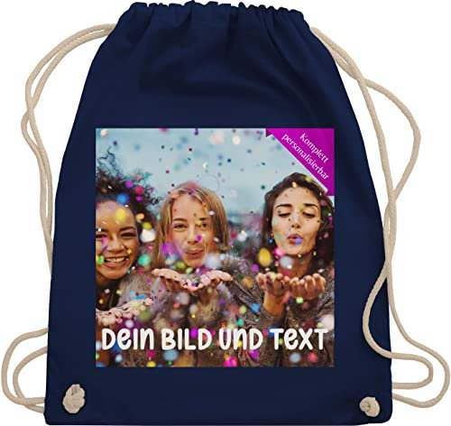 Turnbeutel Rucksack - Foto eigenem - Fotogeschenk I Geschenk Bild personalisiert I Geschenk mit Bild I Custom Photo - Unisize - Navy Blau - jga kita beutel selbst drucken druck stoffbeutel kinder