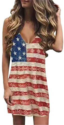 AIMITAG Patriotisches Minikleid mit amerikanischer Flagge, für Damen, Sommer, geometrisches Muster, Druck, Tankkleid, USA-Flagge, Memorial Day Kleid, Rot/Ausflug, einfarbig (Getaway Solids), Groß