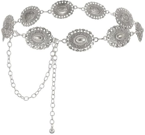 JASGOOD Women Concho Chain Belt Metal Link Western Cowgirl Turquoise Chain Belt for Dress, Silver