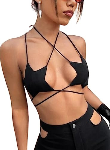 Rave Star Top Für Damen - Festival Outfit Sexy Spaghettiträger Rücken Verkreuzt Sport BH Taillenketten Nightclub Body Chain Frauen Weste Verschiedene Tragemethoden Crop Tops(Black,S,1078r)