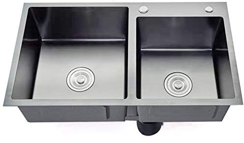 Fregadero de cocina de acero inoxidable, rectangular, doble, con desagüe y dispensador de jabón, negro, 78 x 43 x 22 cm