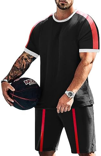 OWLKAY Herren Trainingsanzug 2 Stück Sweatsuit Kurzarm Casual Sport Shorts Set Pullover Jumper Jogger Sommer Kurzarm Herren Sportshirt Herren B-Black L