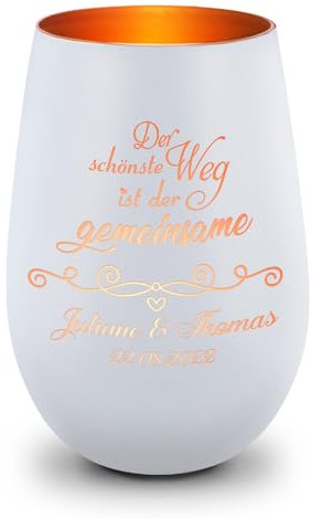GRAVURZEILE Deko Windlicht aus Glas mit Gravur - Der schönste Weg ist der gemeinsame - Personalisiert mit Namen & Datum - Persönliche Geschenke zur Hochzeit Verlobung für Sie & Ihn - Weiß/Bronze