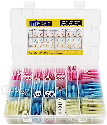 DINGYUAN Heat Shrink Electrical Connectors Kit, 300PCS Crimp Connectors (Male/Female Bullet, Butt, Ring, Fork, Hook Terminals) in Red, Blue, Yellow (Copper, Polyolefin) for Car, Boat