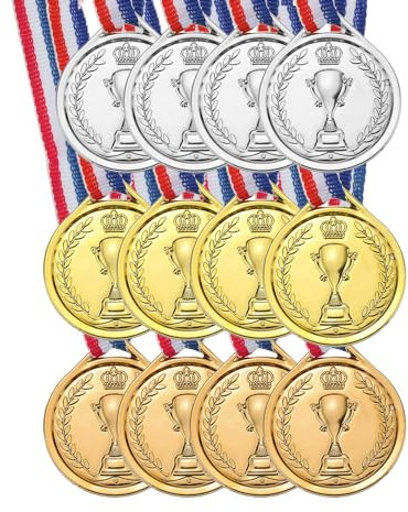 PATIKIL 1,5 Mini Gold Silber Bronze Auszeichnungsmedaillen, 12er Pack Kunststoff-Gewinnermedaillen 1., 2. und 3. Platz Preise Medaillen mit Halsband für Spiele, Partygeschenke