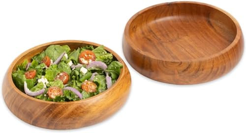SHAHAZ CRAFTS? Acacia Wooden Salad Bowls Set of 2, Large Individual Bowls 8 x 2 inches (25 oz) with Food Safe Wood Coating | Jointless Plates Type Wood Bowls for Food Natural Finish, Bowl Set