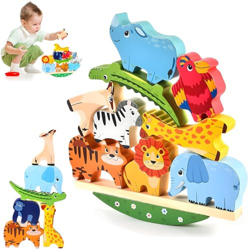 GGesii Montessori Holzspielzeug, Tier Montessori Spielzeug ab 2 3 4 5 Jahre, Stapelspiel Stapelspielzeug Tiere, für Lernspiele, Motorik (11 Tiere)