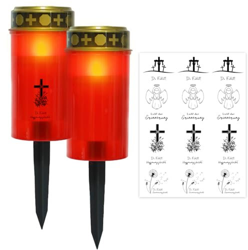 Ronoza 2 Stück LED Grablicht Rot mit Erdspieß, Grabkerzen Led, Grablaterne Friedhof Wetterfest, Grableuchte mit Kerzentattoos, LED Taufkerze, Led Grablichter für Draußen, Batterien nicht Inbegriffen