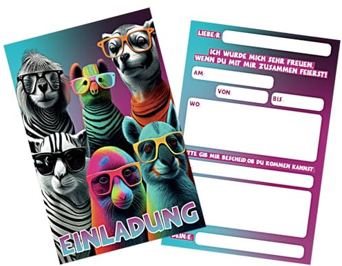 Koboko 20 Stück Tier Einladungskarten Kindergeburtstag, Lustig Tier Geburtstag Einladungen, Geburtstagseinladungen, Einladungskarten Teenager Mädchen