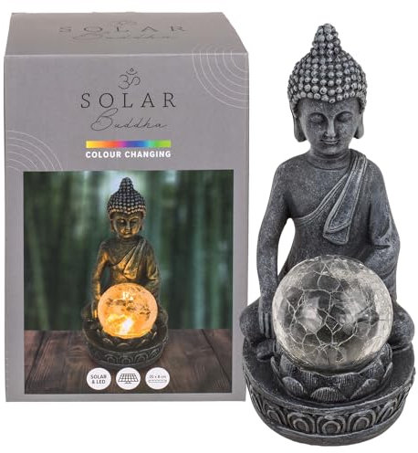 MIJOMA Solar Buddha Figur – Farbwechselnde LED-Glaskugel aus Krakelee für Garten & Deko, Wasserdicht, Polyresin & Glas, 20x8 cm, Meditation & Spiritualität