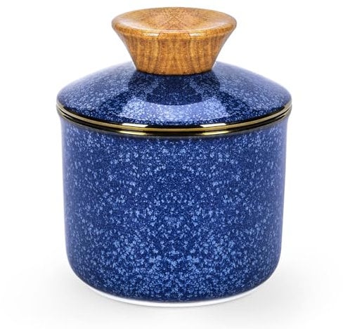 DOWAN Beurrier français avec couvercle, cloche en céramique avec ligne d'eau, bol à beurre pour un beurre frais, doux et tartinable – Bleu – 9,7 x 9,7 x 10,9 cm
