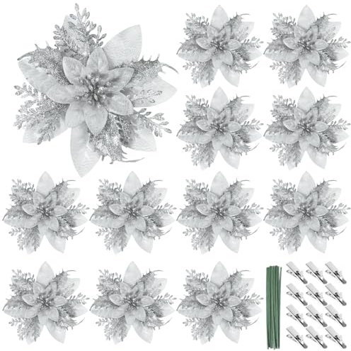BOFUNX 12Pcs Glitter Poinsettia Artificial Flowers 5.7 Christmas Large Flowers with Clips Stems for Christmas Tree Wreath Christmas Party Decoration (Silver)