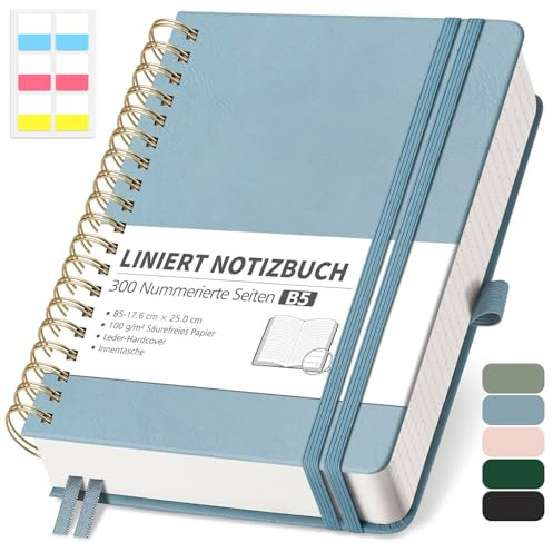 RETTACY Notizbuch B5 Liniert, Bullet Journal mit 100 g/m² Dickem Papier, 150 Blatt/300 Nummerierten Seiten, Collegeblock für Büro und Schule, Lederhülle, Grau-Blau, 17.6 cm x 25 cm