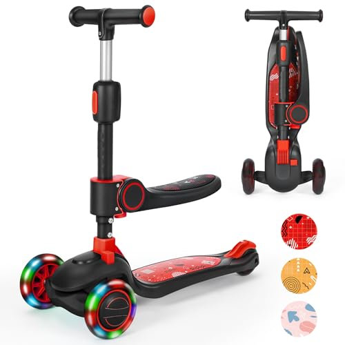 Kinderroller mit 360° drehbarem Sitz, stufenlose Höhenverstellung, Scooter mit LED-Rädern, Faltbarer Scooter für Kinder von 1 bis 8 Jahren, Rot