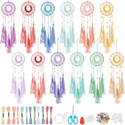 INFUNLY 12 Set Kleine Traumfänger. DIY Mini Traumfänger Set. Einfaches Design. Machen Sie Ihr Eigenes Traumfänger Set Für Erwachsene. Schlüsselanhänger Set Mit Anleitung Für Taschenanhänger Autospiege