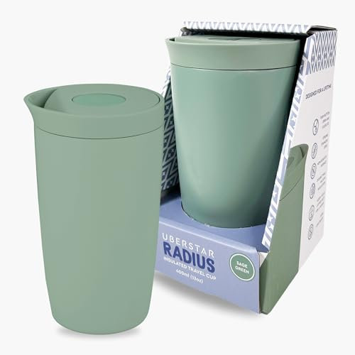 EST 2012 UBERSTAR BARWARE & GIFTS Radius Travel Cup / 400ml Insulated Travel Coffee Mug/Leakproof Pop to Unlock Sip Lid (Sage Green)