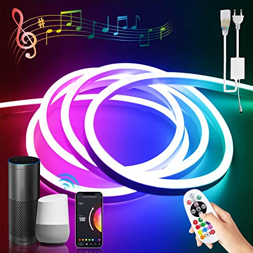 BRIMETI RGB Neon LED Strip 30M, Neon LED Streifen 230V Außen IP65 Wasserdicht,Arbeit mit Google Assistant,mit Fernbedienung und Netzteil,Bluetooth App-Steuerung,für Innen Outdoor
