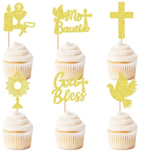 TAXTYHRE Cake Topper Taufe, 24 Stück Kommunion Cake Topper, Tortendeko Taufe Mädchen Junge, Kommunion Tortendeko, Torten Deko Firmung, für Babyparty, Geburtstag, Taufe Deko
