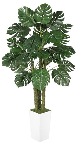 LYERSE Fake Monstera 6ft - Faux Monstera Plant with White Tall Planter - Artificial Monstera Deliciosa Plants - Faux Tropical Floor Plants Indoor for Home Office Living Room Decor Indoor