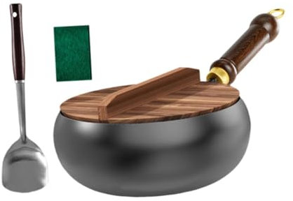 FytStycale Wok Pan Chino Wok, Fácil de Limpiar, Bandeja de Cocina Antiadherente Multipropósito 9.45 Wok con Utensilios de Cocina de Tapa de Madera para Gas de I