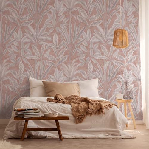 Photo Wallpaper Profhome 393161-GU hot Embossed Non-Woven Wallpaper Smooth with Palm Trees matt Pink Grey White 1.59 m x 2.8 m