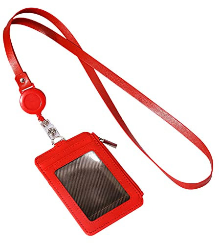 Porta badge con cerniera, sottile, in pelle PU, con cordino da collo e bobina retrattile per badge, per bambini dagli 8 ai 12 anni (rosso, taglia unica)