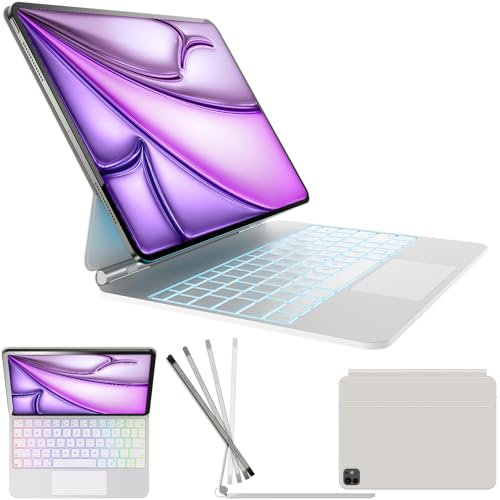 Nuflaz Clavier pour iPad Air 13 Pouce (2024 M2/2025 M3) & iPad Pro 12,9 Pouce (6e/5e/4e/3e Gén) – Clavier AZERTY avec Touchpad, 7 Couleurs Rétroéclairage, USB-C, Magnétique – Blanc, X9