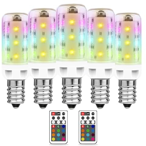 E14 Colour Changing Bulb LED 2.5W, Small Screw Bulb with Remote Control, E14 Dimmable Bulbs 12 RGB Colors +Warm White 3000K, Colour Changing Light Bulbs for Home Decor Bar Party Mood Lighting, 5 Pack