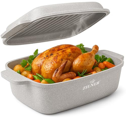 ZILNER Bräter mit Deckel -9L-Marmorbeschichtung, Antihaft, Induktion, Ofenfest – Bratentopf Aluminiumguss – Für alle Herdarten (Hellgrau)