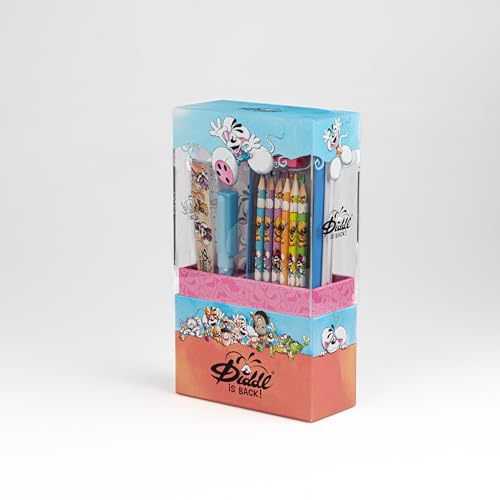 Diddl - Schreibset A6, 1 Notizbuch + 1 Stift + 1 Radiergummi + 1 Lineal + 6 Buntstifte + 1 Bleistiftspitzer + 1 Federmäppchen – Schreibwaren-Set – Geschenkidee für Kinder und Nostalgischer Fan der